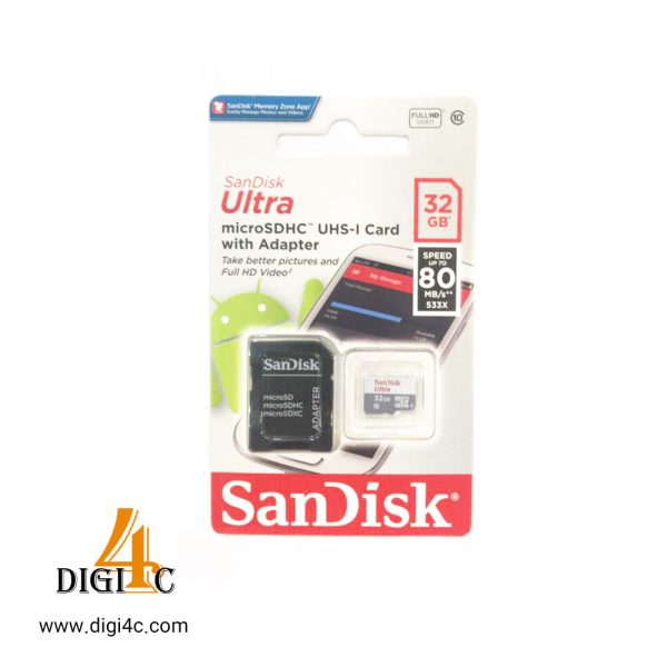 کارت حافظه microSDHC سن دیسک مدل Ultra کلاس 10 استاندارد UHS-I U1 سرعت 80MBps 533X همراه با آداپتور SD ظرفیت 32 گیگابایت